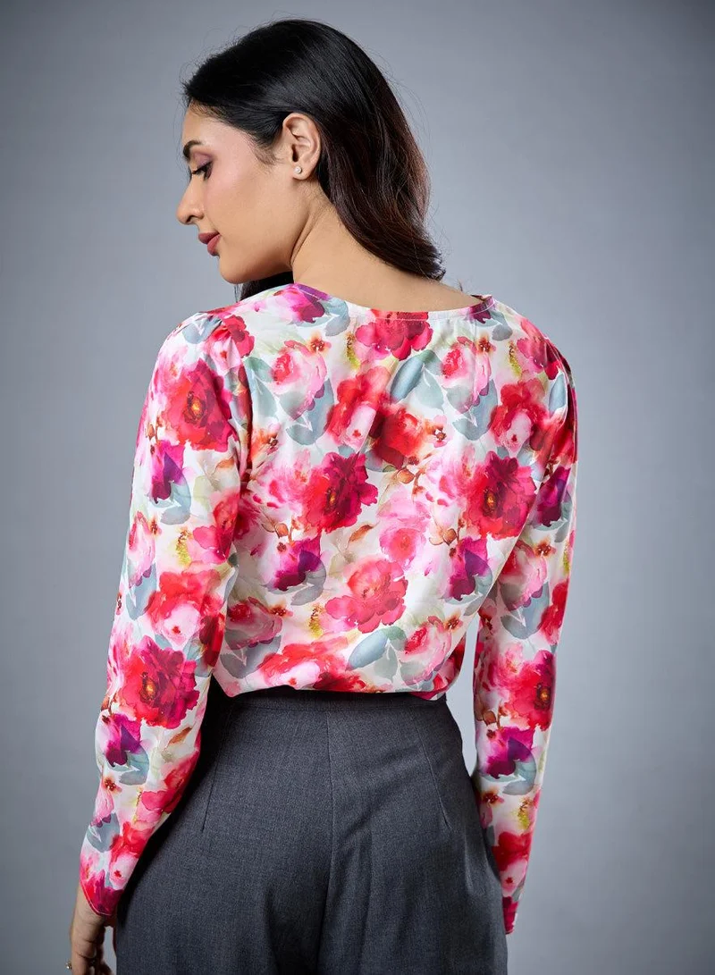 Zigzag Long Sleeve V Neck Printed Top